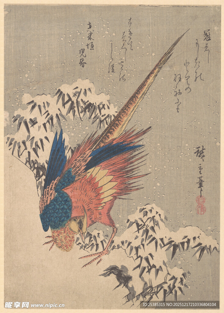 国画中飞翔的五彩锦鸡