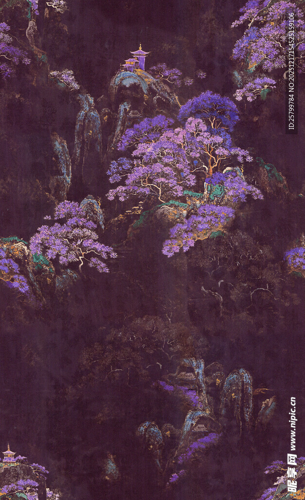 紫色花卉丛中的梦幻景象