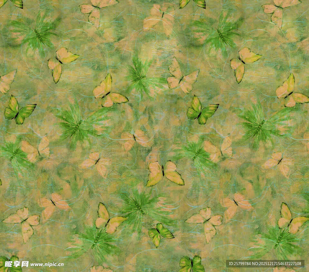 绿色背景上的多彩蝴蝶图案