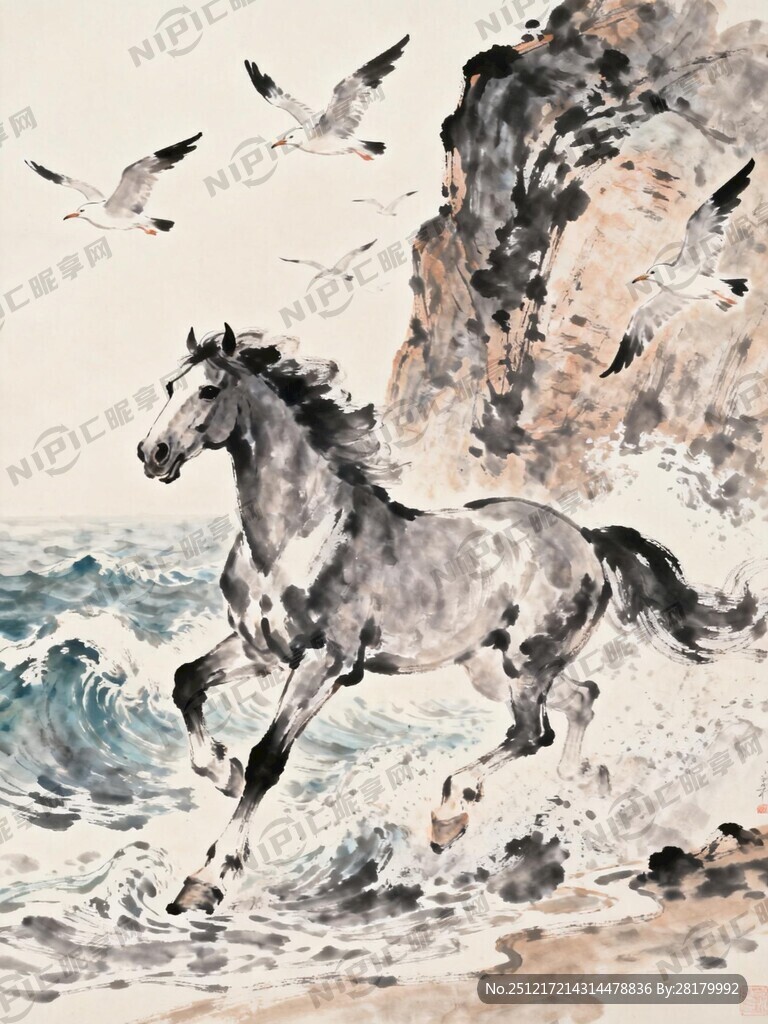 骏马 奔腾 写意 海浪 海鸥