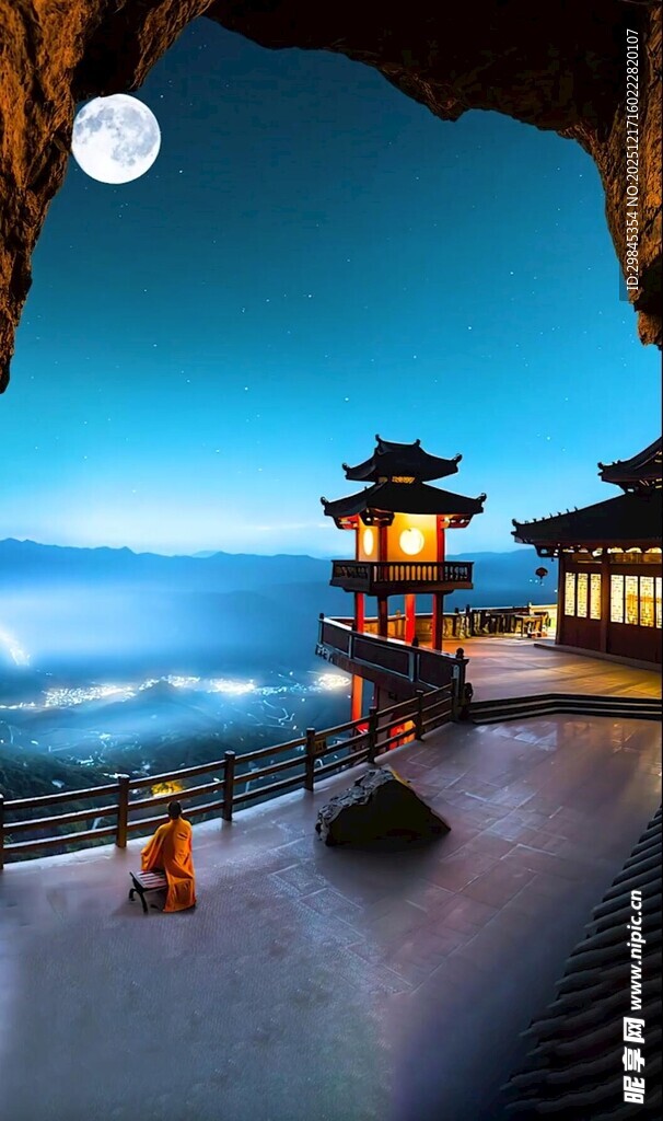 月夜海边古亭美景