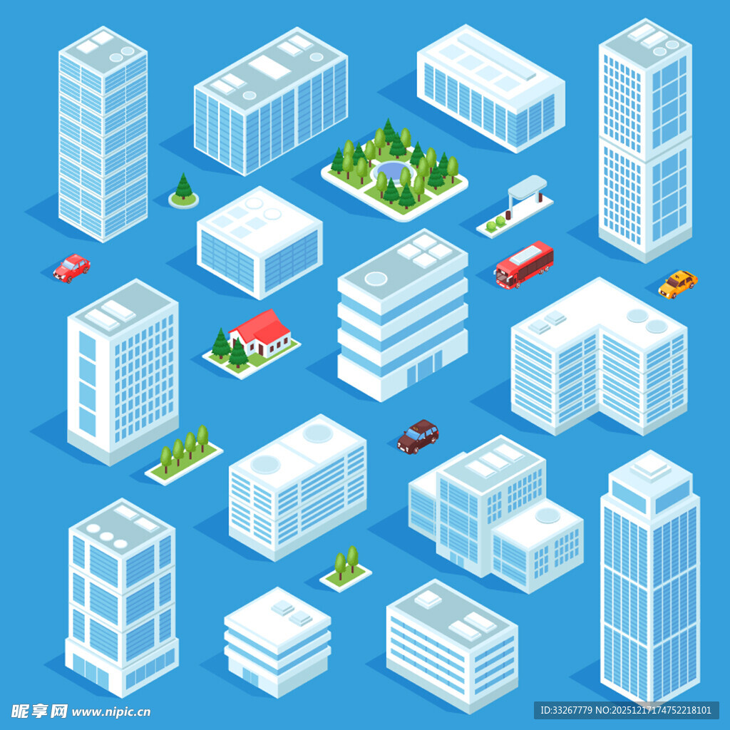 城市建筑等距风格插画