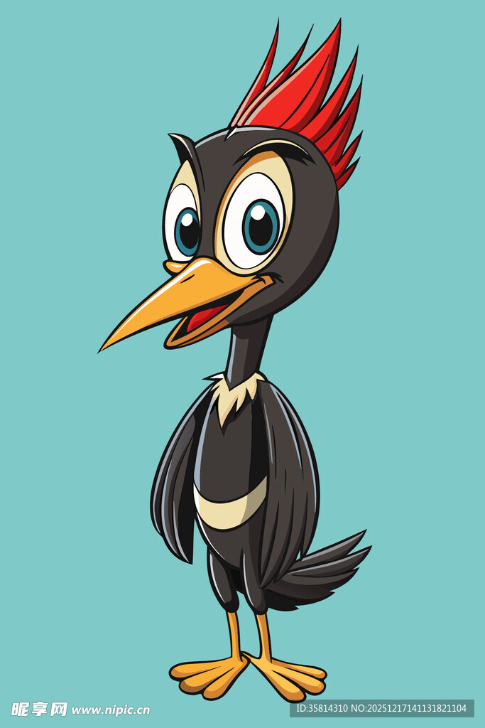 卡通红冠黑鸟形象