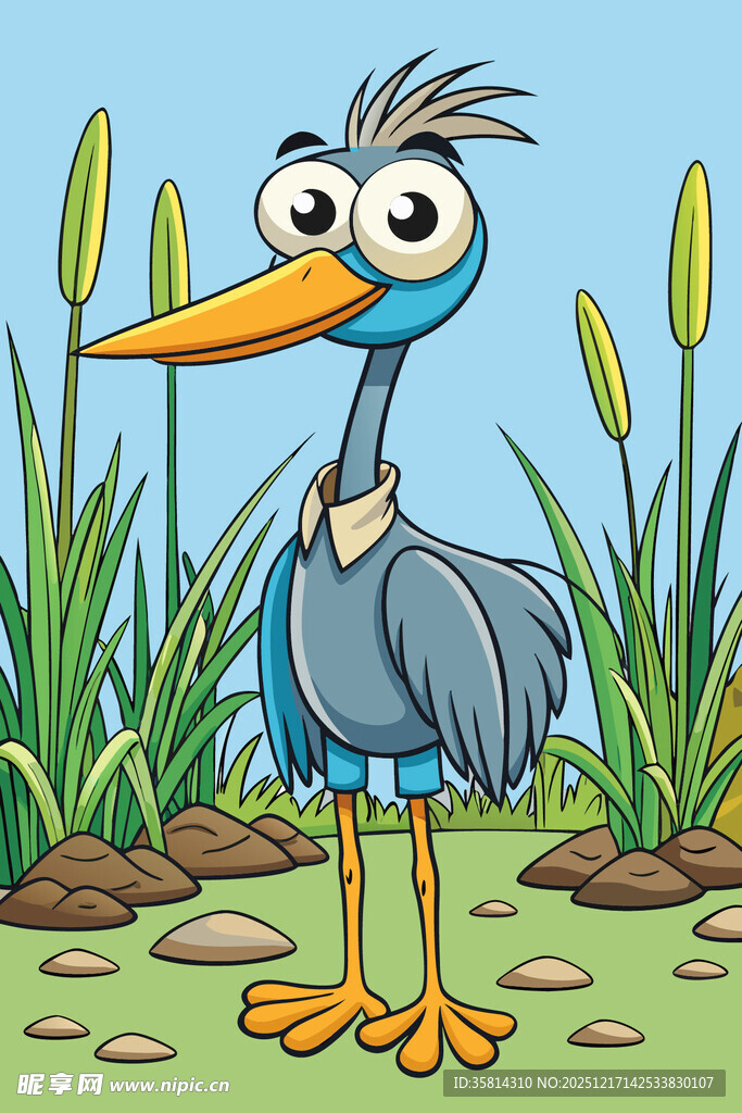 卡通蓝鹭站立在草丛边