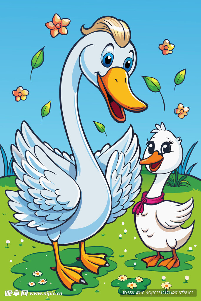 大天鹅与小鸭子的温馨画面
