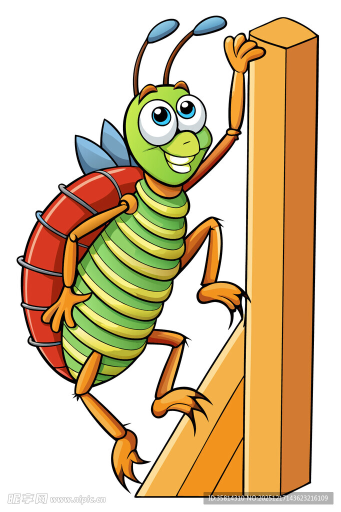 绿色昆虫攀爬木杆