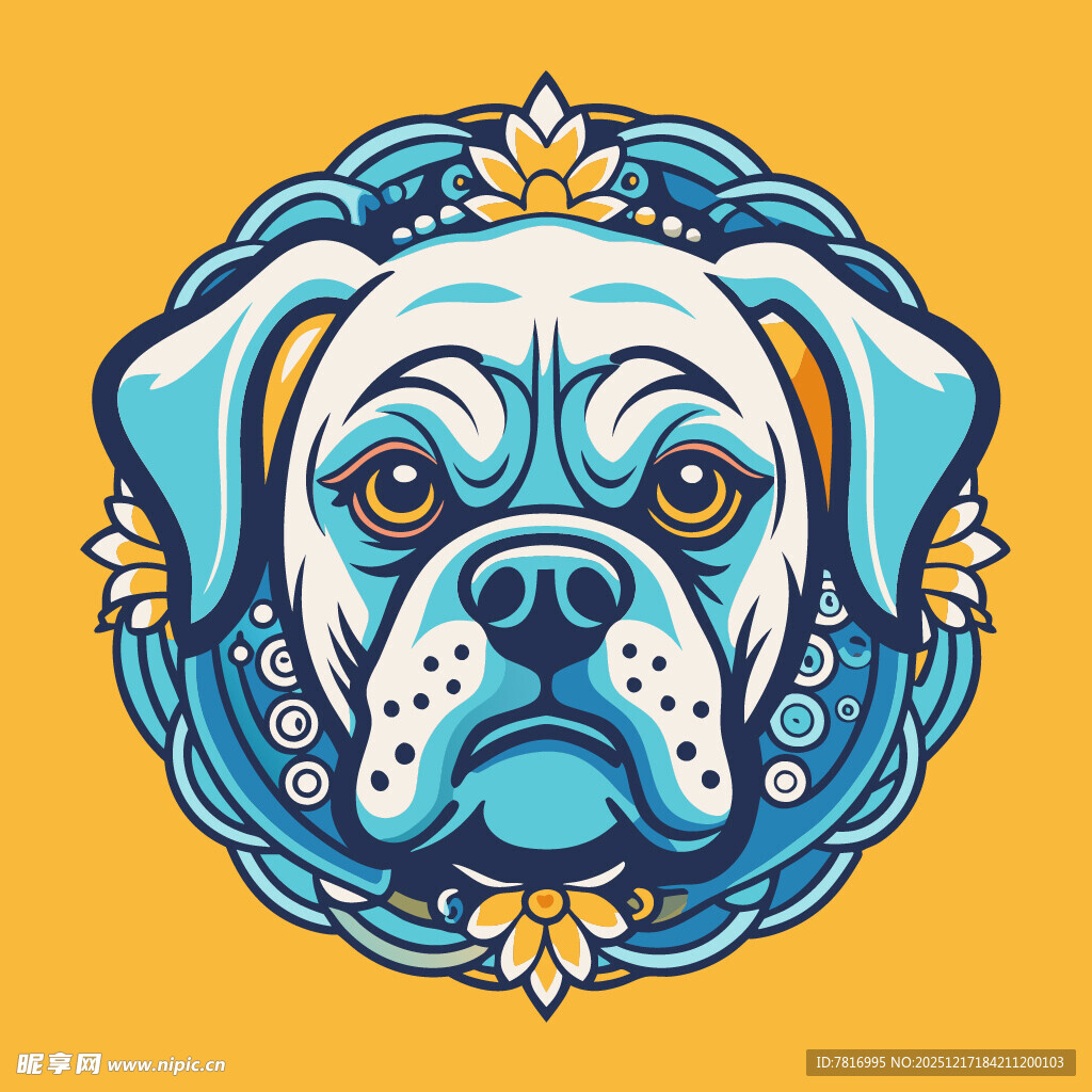 蓝白花纹装饰的可爱狗狗头像