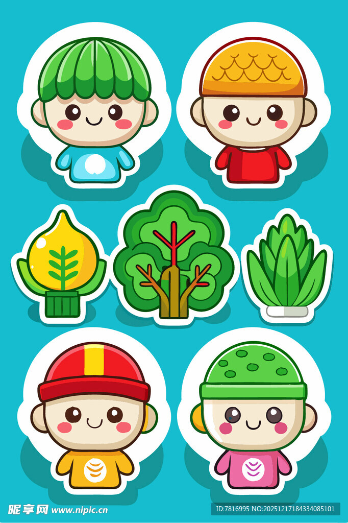 卡通儿童与自然元素贴纸