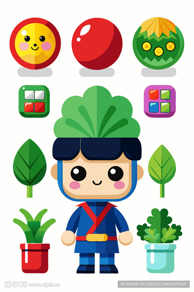 卡通园丁与多样植物