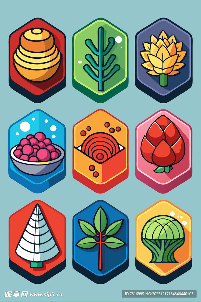 多彩六边形水果及物品图标