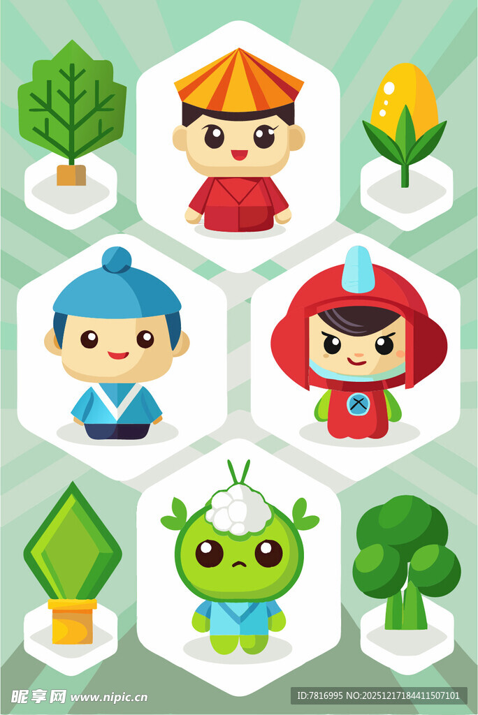 卡通角色与绿植组合形象