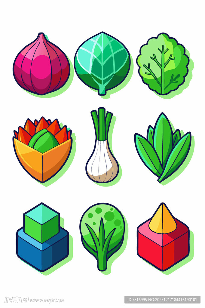 多彩立体蔬菜图标集合