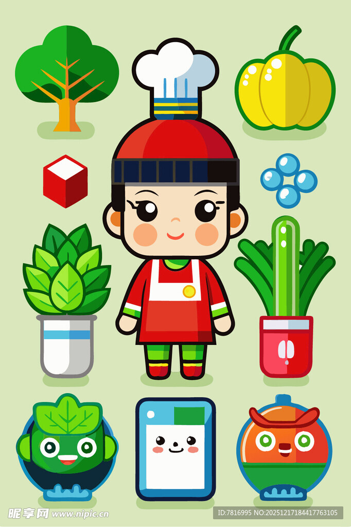 卡通厨师与蔬菜元素集合