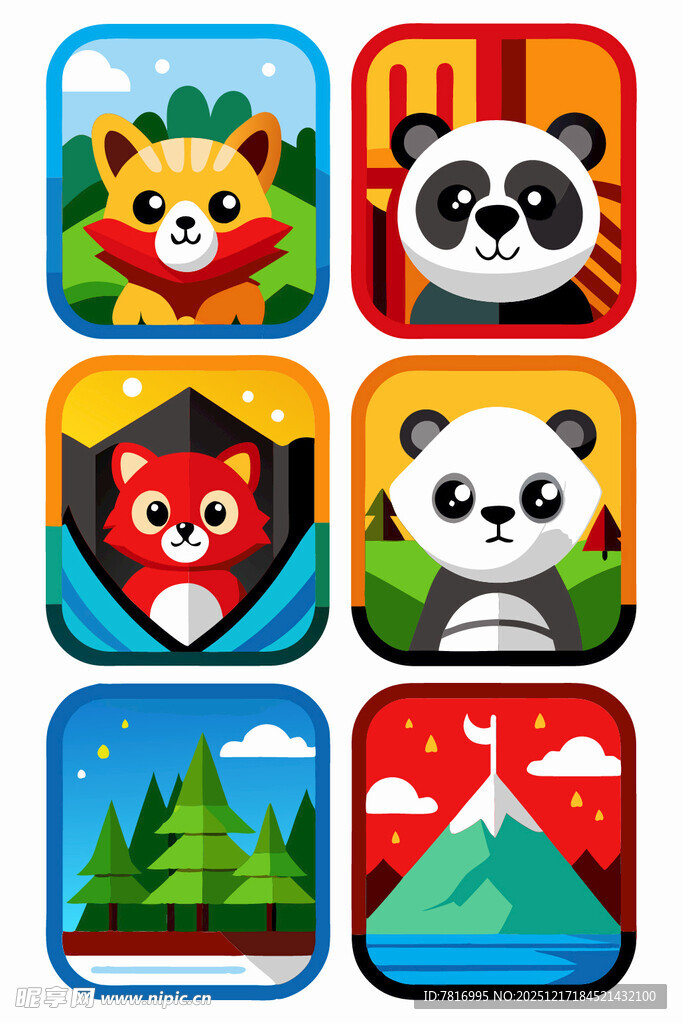 可爱动物与风景图标集合