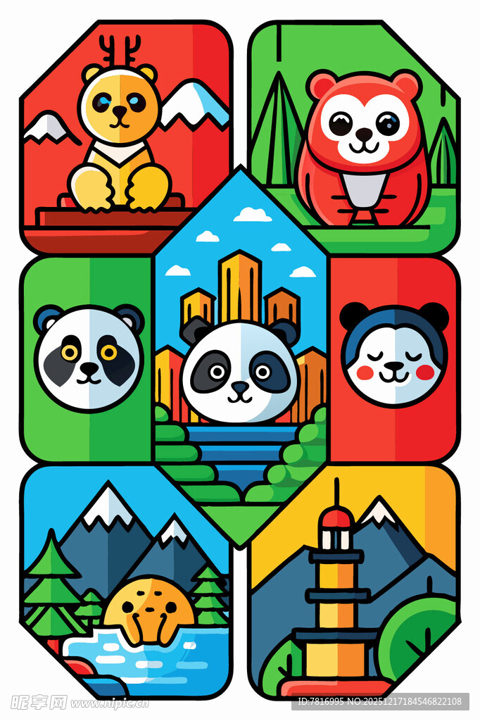 多彩卡通风景与动物图案