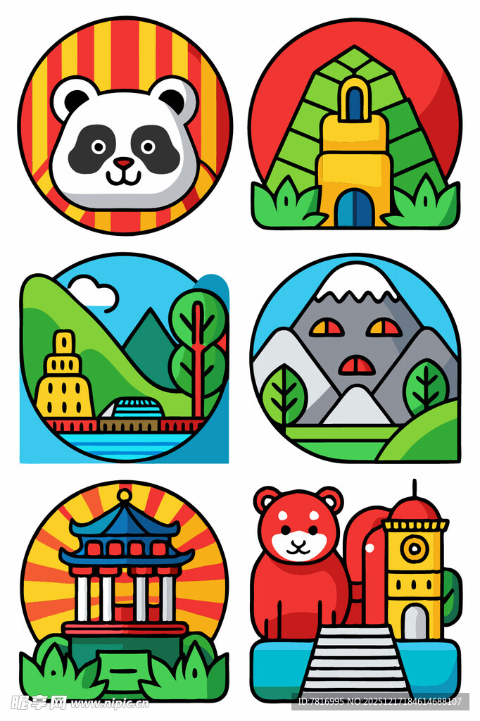 卡通风格中国景点与动物