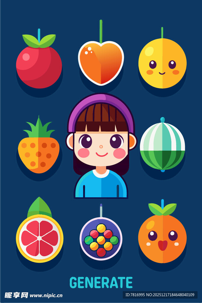 可爱女孩与多彩水果