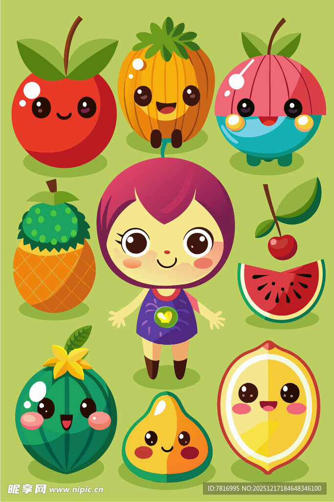 可爱水果与女孩卡通形象
