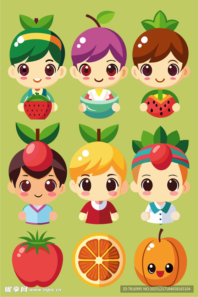 水果卡通人物与水果集合