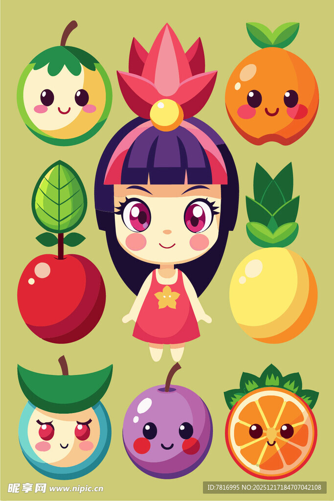可爱女孩与卡通水果形象