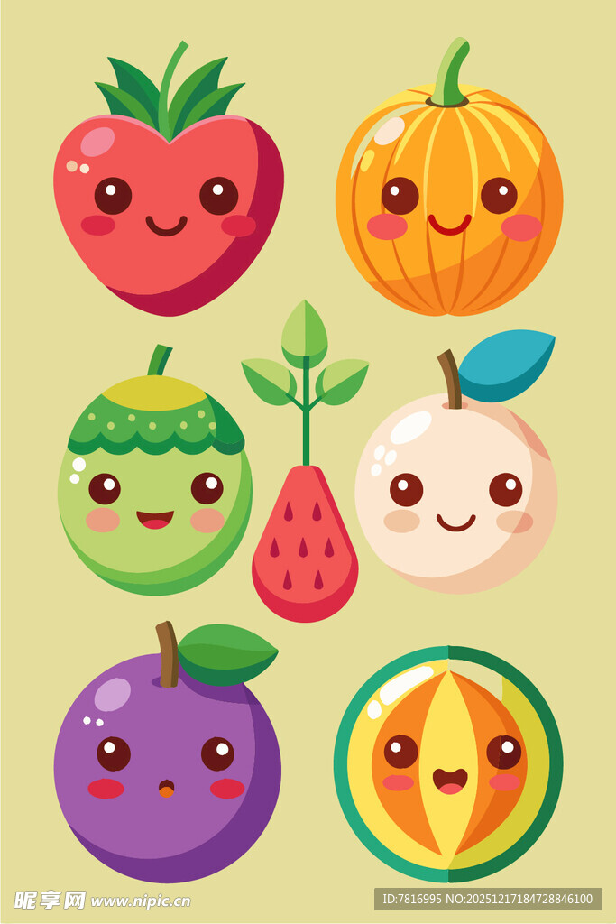 可爱表情的多彩水果与蔬菜