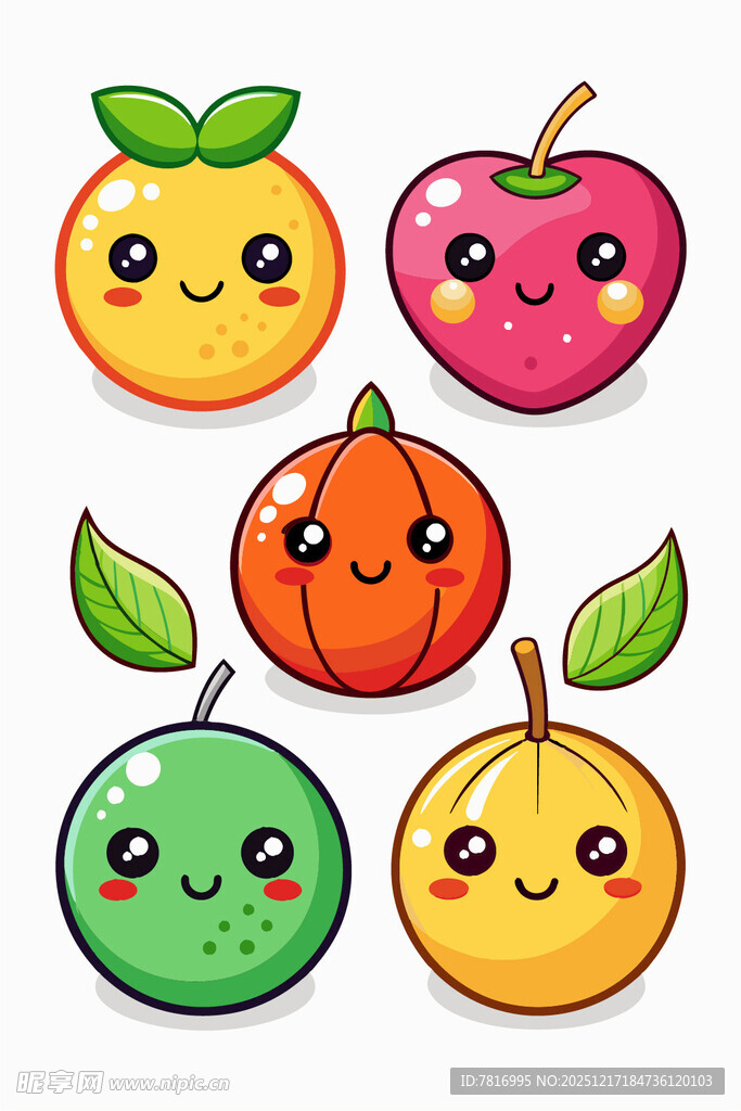 可爱表情的多彩水果集合