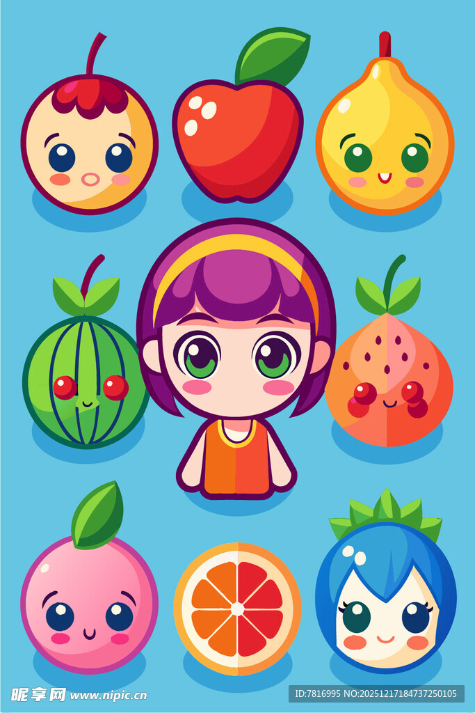 可爱水果与卡通女孩形象