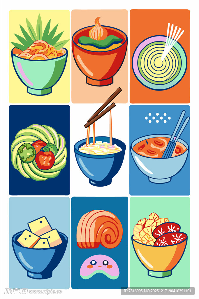多彩亚洲美食碗碟插画