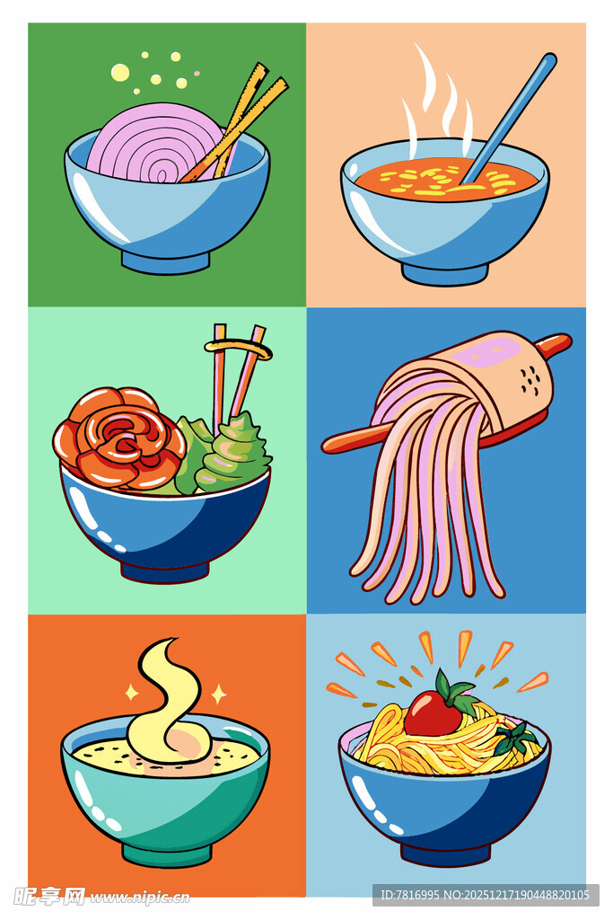 多彩面食美食插画展示