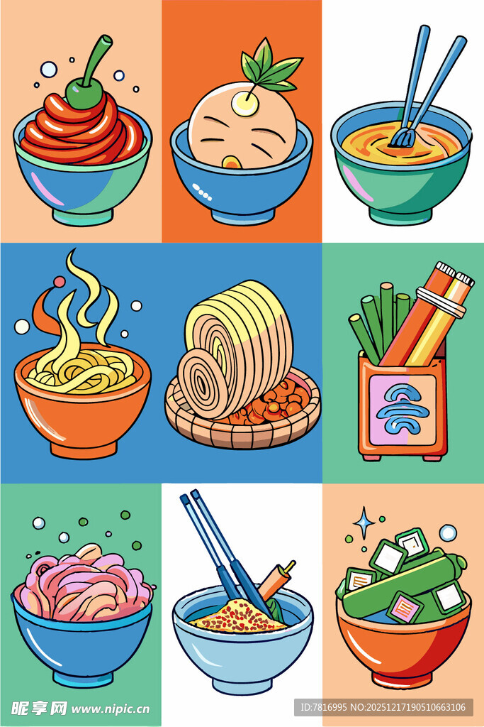 多样中式面食美食插画