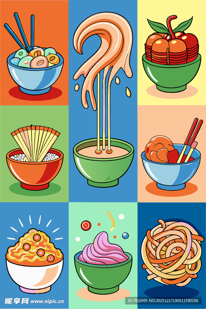 多彩面食与甜品插画