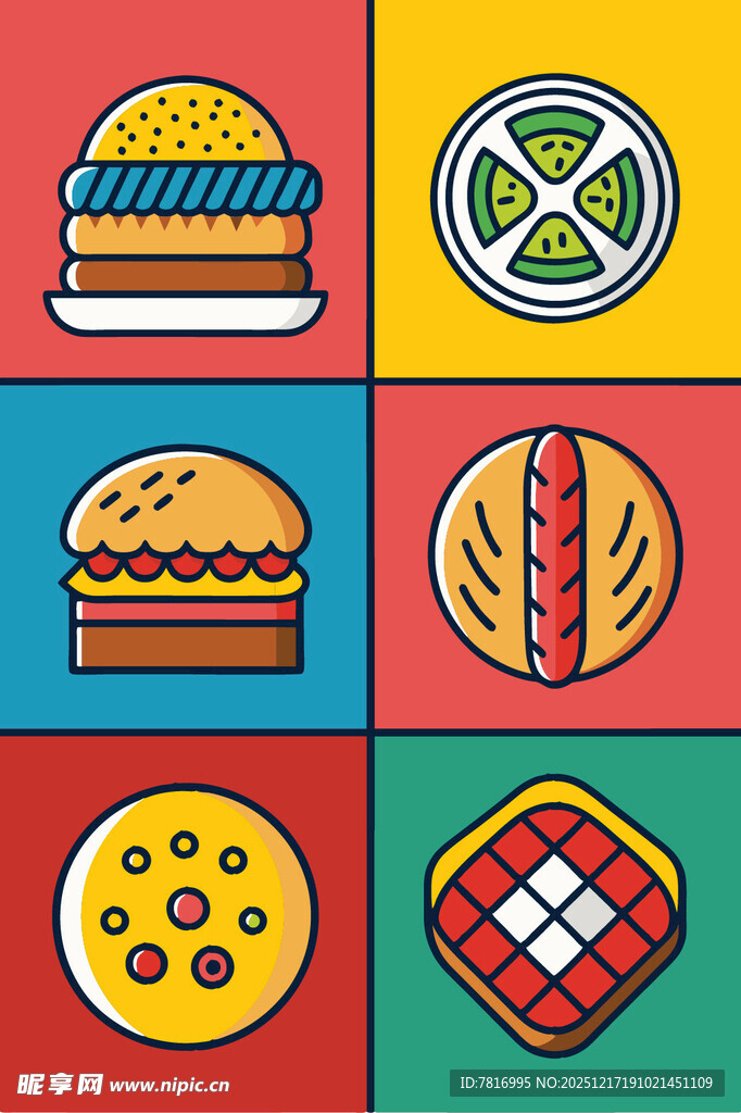 多彩美味快餐图标集合