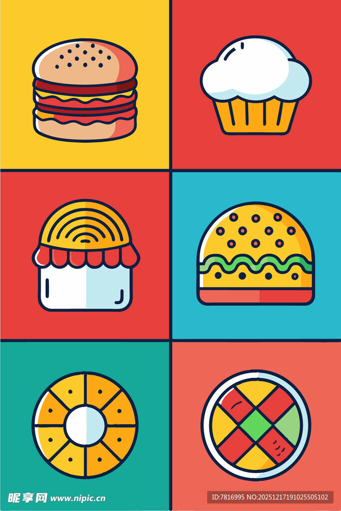 多彩美味糕点与汉堡图标