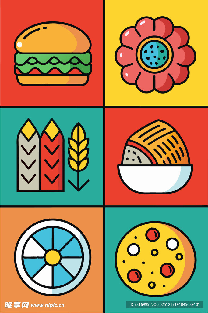 多彩美食与装饰图案集合