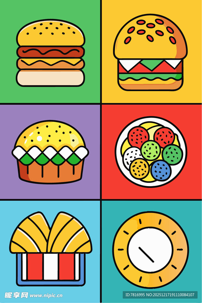 多彩美食与时间图标集合