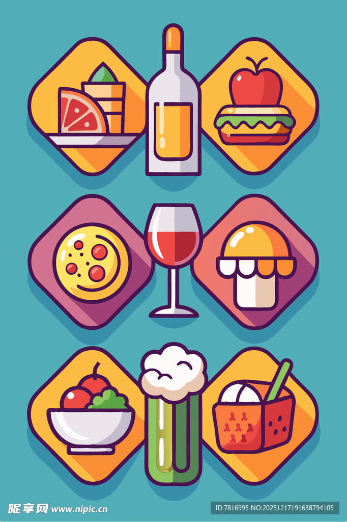 多彩美食与饮品图标集