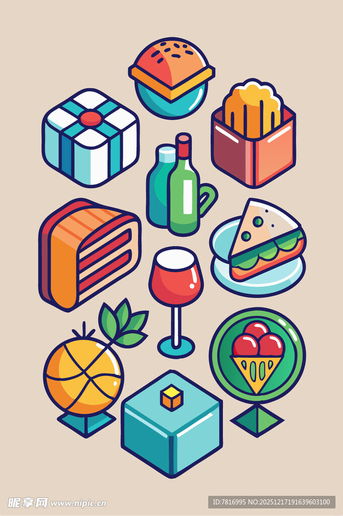 多彩美食与礼品图标集合