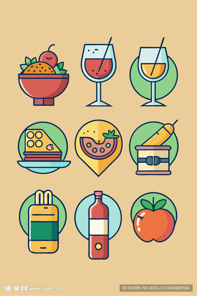 多彩美食与饮品图标集