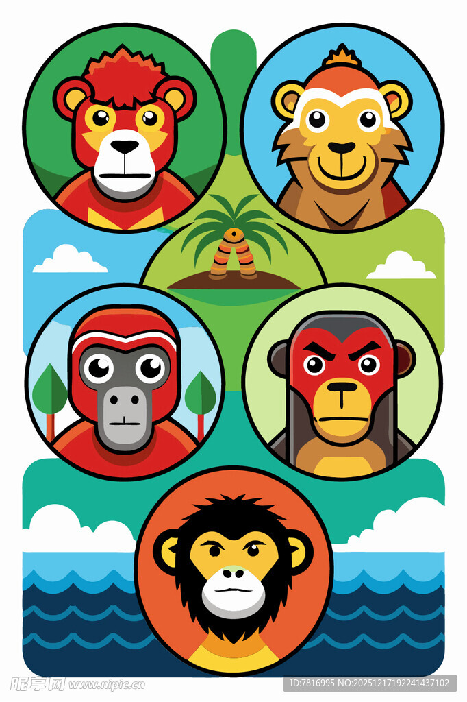 多彩动物头像图案设计