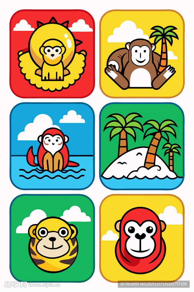可爱猴子卡通图标集合