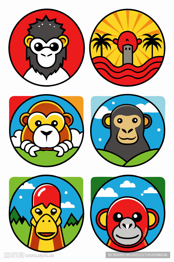 可爱猴子卡通图标集合