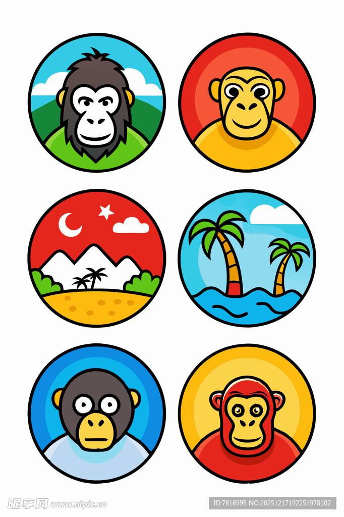 猴子主题多彩圆形图案