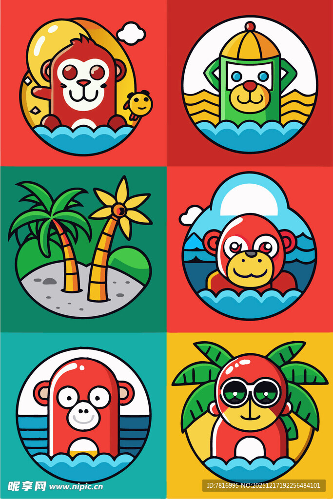 猴子海岛度假图标集合