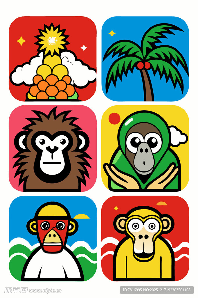 多彩猴子等趣味图标集合