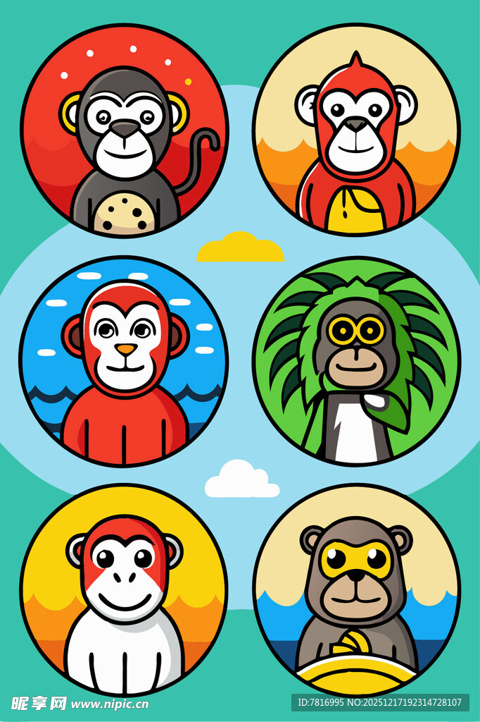 卡通风格动物头像集合