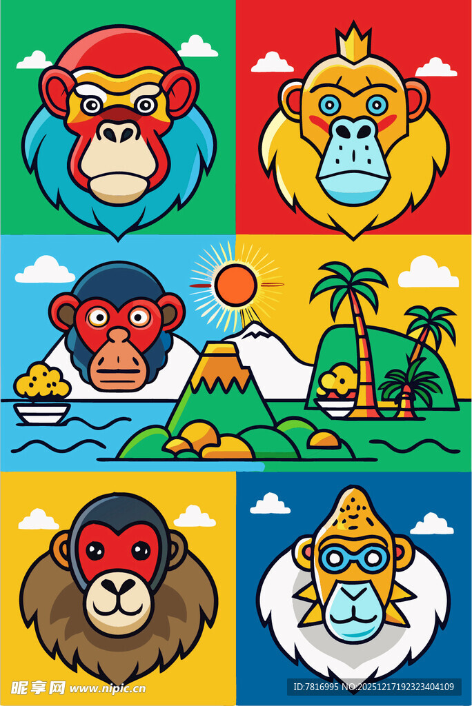 多彩卡通猴子风景图案