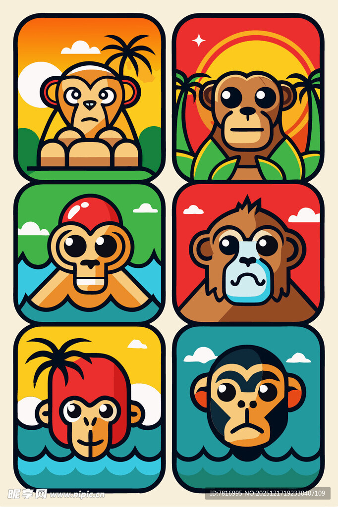多彩猴子卡通图标集合
