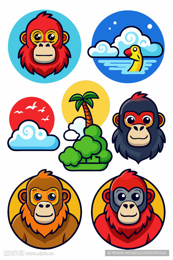 卡通猴子与风景图标集合