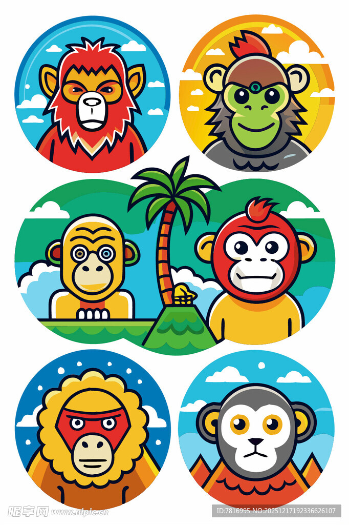 可爱猴子卡通图标集合