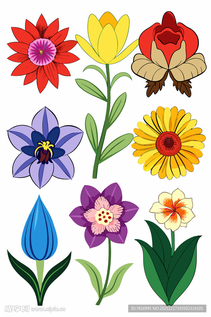 多彩花朵与蝴蝶插画素材